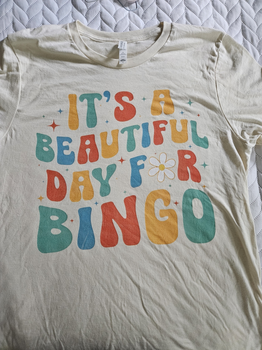 Bella Canvas Cream Tee with Multicolor Retro Bingo Graphic P381